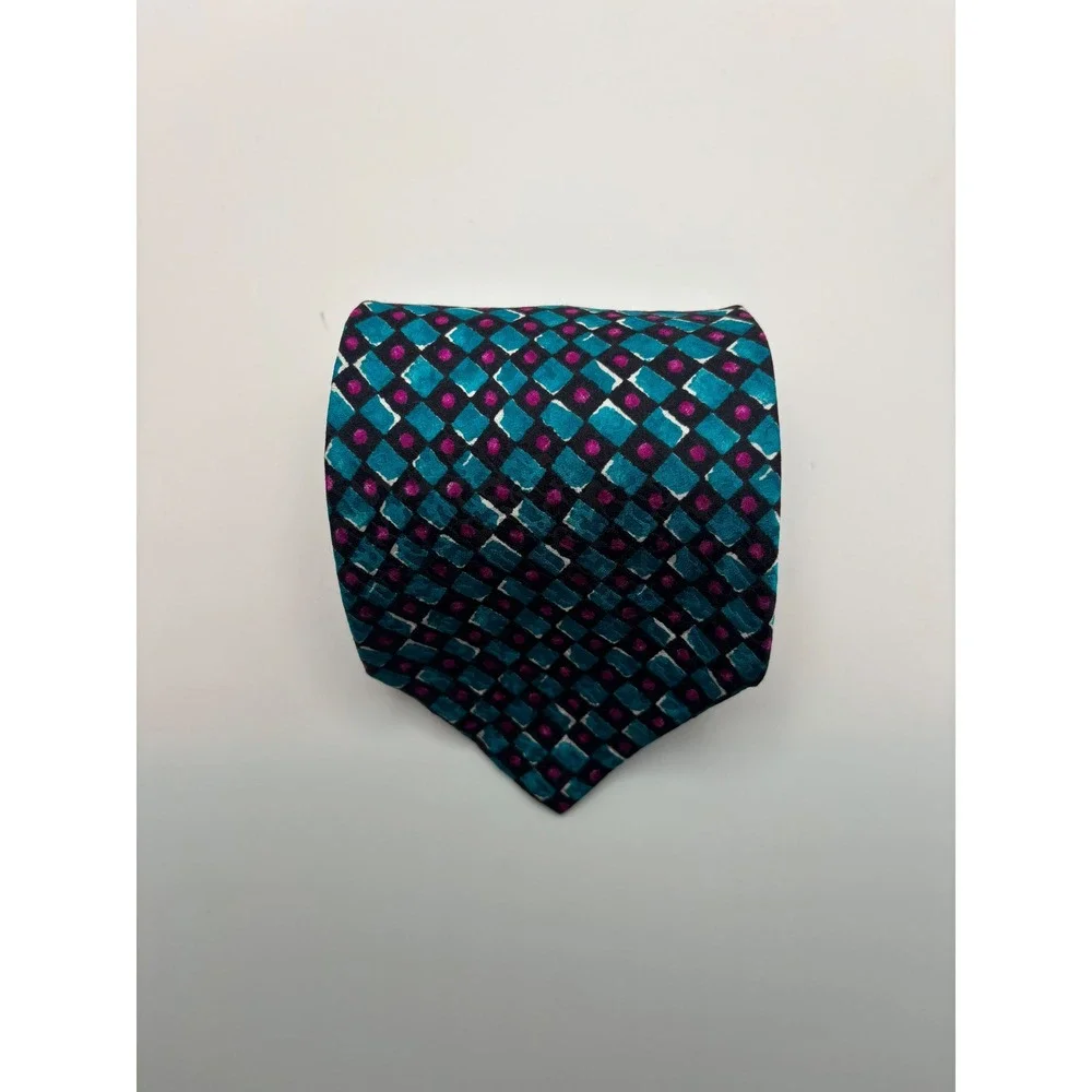Jones New York Mens Silk Necktie Teal Magenta Geometric Hand Printed Tie